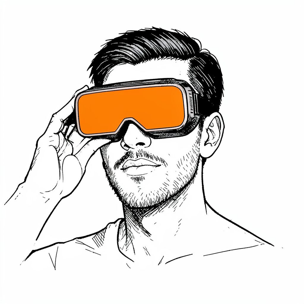 VRゴーグルを装着した人物のシルエットを描いた、深い黒とオレンジのコントラストが印象的な手描き風インクイラスト